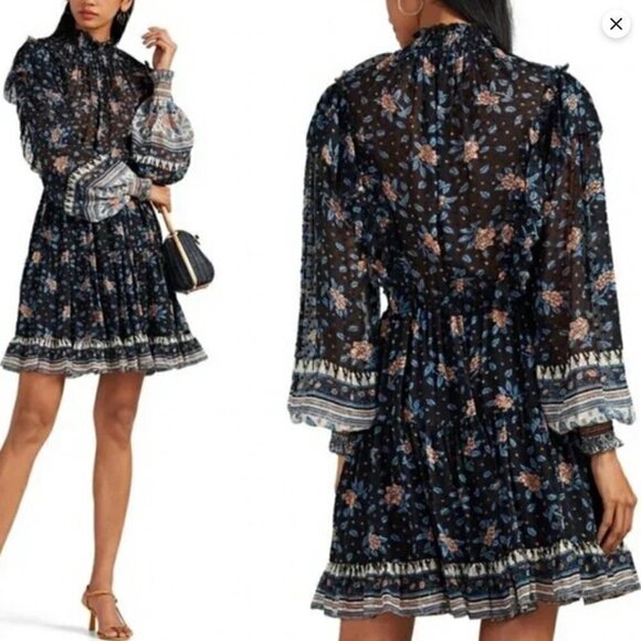 Ulla Johnson Dresses & Skirts - Ulla Johnson Womens Vivian Dress Floral Ruffle Neck Smocked Sleeve Black Size 2